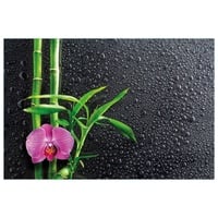 Wallario Küchenrückwand Bambus und pinke Orchidee auf schwarzem Glas mit Regentropfen, (1-tlg) schwarz 90 cm x 60 cm