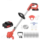 Akku Elektro Rasentrimmer mit Klingen, Rasenkantenschneider Akku Rasentrimmer und Kantenschneider Garten Rasen Unkraut Trimmer für Garten, Hof, Inklusive Batterie und Ladegerät, Rot
