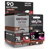 90 Hörgerätebatterien Größe 312 (Braun - PR41) Zink-Luft mit Phono-Pulse-Technologie in 15 Blistern zu je 6 Batterien - 90 Batterien: 12 Udivita + 78 Rayovac