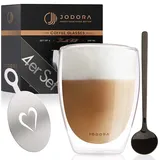 JODORA Design 4x Latte Macchiato Gläser inkl. 4 Latte Macchiato Löffel - Thermogläser doppelwandig 4 x 350ml - Kaffeegläser doppelwandig aus hochwertigen Borosilikatglas