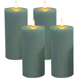 Relaxdays LED Kerzen, 4er Set, 18 cm, flackernde Flamme, Echtwachs, Rillen, flammenlose Blockkerzen, Khaki