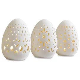 Loberon Osterei 3er Set Mouna, kunstvolle Ausstanzungen, warmes LED-Licht, batteriebetrieben, Wohn-Accessoire, Ostern, Osterdeko, Porzellan, weiß
