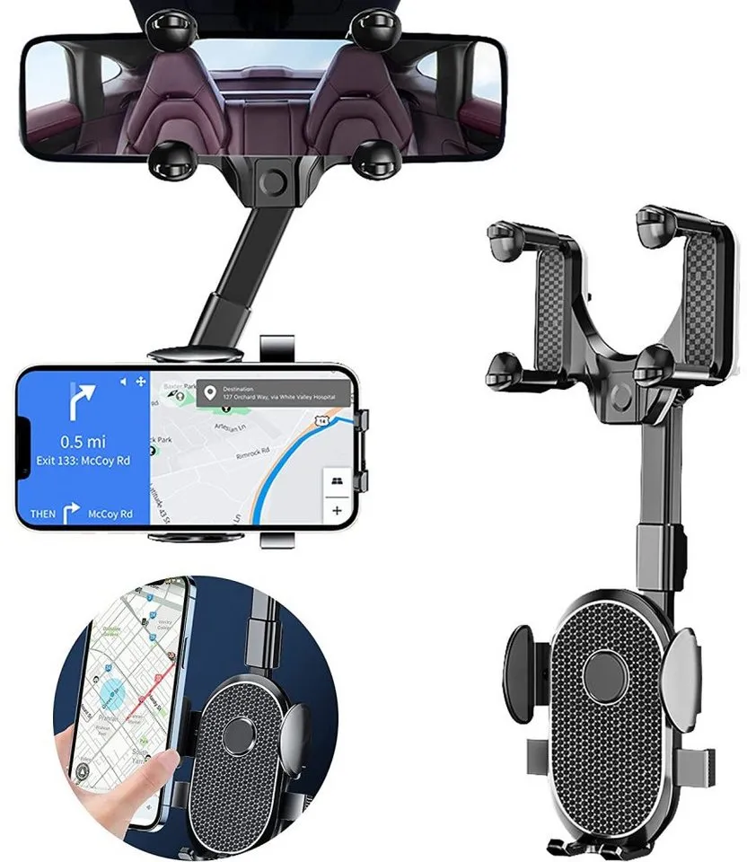 Juoungle Multifunktionale ausziehbare Handyhalterung Auto, Rückspiegel-Zubehör Smartphone-Halterung schwarz
