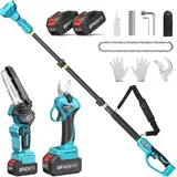 SeeSii 4-in-1 Multifunktions-Trimmsatz (6 Zoll Mini-Kettensäge + Astschere + Astschneider), Vatertagsgeschenk, batteriebetrieben, mit Verlängerungsstiel, inkl. 2x 4000 mAh Akkus