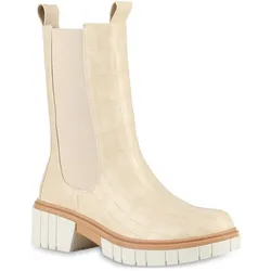 Damen Plateaustiefel in Beige Kroko