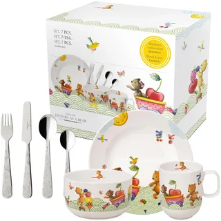 Villeroy & Boch – Hungry As A Bear Set Mit Kinderbesteck Und Kindergeschirr 7 Teilig, Spülmaschinenfest, Mikrowellensicher, Kinderteller, Kindertasse, Besteckset Kinder, Premium Porzellan/Edelstahl