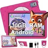 Kinder Tablet 10 Zoll Android 15 mit 30GB RAM + 64GB ROM(2TB), 5G WLAN 6, Widevine L1, Elterliche Kontrolle, 8-Core, 6000 mAh, Kids Tablet mit Kinder Hülle EVA + 360° Drehbarer Ständer, Rosenrot
