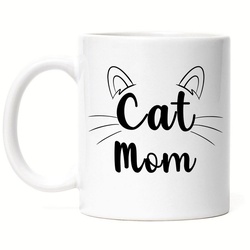 Hey!Print Tasse Cat Mom Tasse Katzen-Mama Geschenk Katzenliebhaber Katzenbesitzer Katzen Kätzchen Kaffeetasse, Keramik weiß