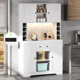 BTM Küchenschrank mit Weinschrank, LED und Schubladen Küchen Cabinet Buffetschrank Hochschrank mit Arbeitsplatte Weiß