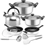 Topfset, Pfannenset 12-teilig mit Flötenkessel | Kochtopfset | Kochtöpfe | Töpfe mit Glasdeckel | Induktionsgeeignet | Silber, Edelstahl | Retoo - Silber