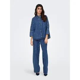 Only Jeansbluse "ONLGRACE 3/4 RHINESTONE MB DNM SHIRTNOOS", Damen, Gr. S, blau (medium blau denim), Web, Obermaterial: 100% Baumwolle, unifarben, oversize, Blusen Jeansbluse, mit Strasssteinen