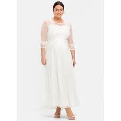 Abendkleid SHEEGO "Abendkleid", Damen, Gr. 54, Normalgrößen, weiß (sanftes weiß), 100% Polyester, unifarben, lang, Rundhals, 3/4-Ärmel, Kleider