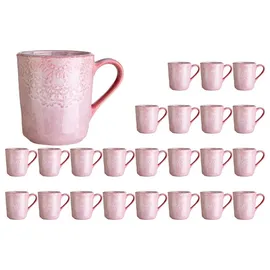 Home4You Kaffeetassen 24er Set, 355 ml - Rosa - Steingut - glasiert - mit floraler Prägung - 24er Set