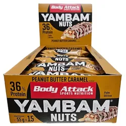 Body Attack  - YamBam NUTS Riegel - Karton 15 x 55g Geschmacksrichtung Brownie White Chocolate