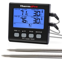 ThermoPro TP17B Digitales Grillthermometer Bratenthermometer Fleischthermometer Ofenthermometer mit Timer, Zwei Edelstahlsonden, Blaue Hinterbeleuchtung, Temperaturbereich bis 300°C, Schwarz