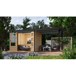 Karibu Hybrid Gartenhaus Hollywood im Set mit Anbaudach ca. 2,40 m  breit naturbelassen inkl. Fußboden Gartenlaube Geräteschuppen Gartenhütte
