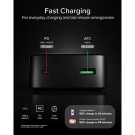 SBS Compact PowerBank, 20000mAh, 20W Power Delivery (PD 3.0 PPS), AFC, Powerbank mit Schnelllade, LCD-Display, USB-C, USB-A, tragbares Reiseladegerät, kompaktes Design, Schwarz