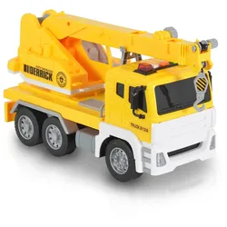 Moni Spielzeug LKW Kranwagen 1:12 Seilwinde schwenkbarer Kranaufsatz Musik Licht gelb
