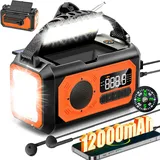12000 Mah Solar-kurbelradio, Tragbares Am/fm-radio Mit Telefonladegerät, 2 Solarpanels, Sos-alarm, Taschenlampe Für Camping, Outdoor, Notfall – Orange