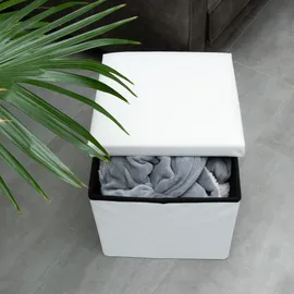 Intirilife Faltbarer Sitzhocker 38 x 38 x 38 cm in WEIß - Sitzwürfel mit Stauraum und Deckel aus Stoff in Cord Optik - Sitzcube Fußablage Aufbewahrungsbox Truhe Sitzbank