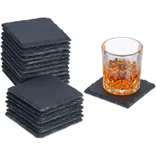 Relaxdays Schiefer Untersetzer, 20er Set, eckige Glasuntersetzer, 10x10 cm, Raclette- & Getränkeuntersetzer, anthrazit