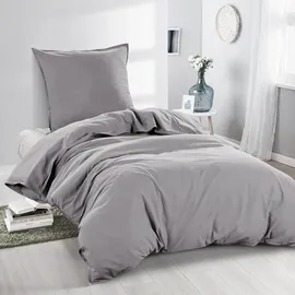 Wometo Bettwäsche Renforce Stone-Washed 135x200 & 80x80 100% Baumwolle - grau OEKO-TEX modern Used-Look Leinen-Optik