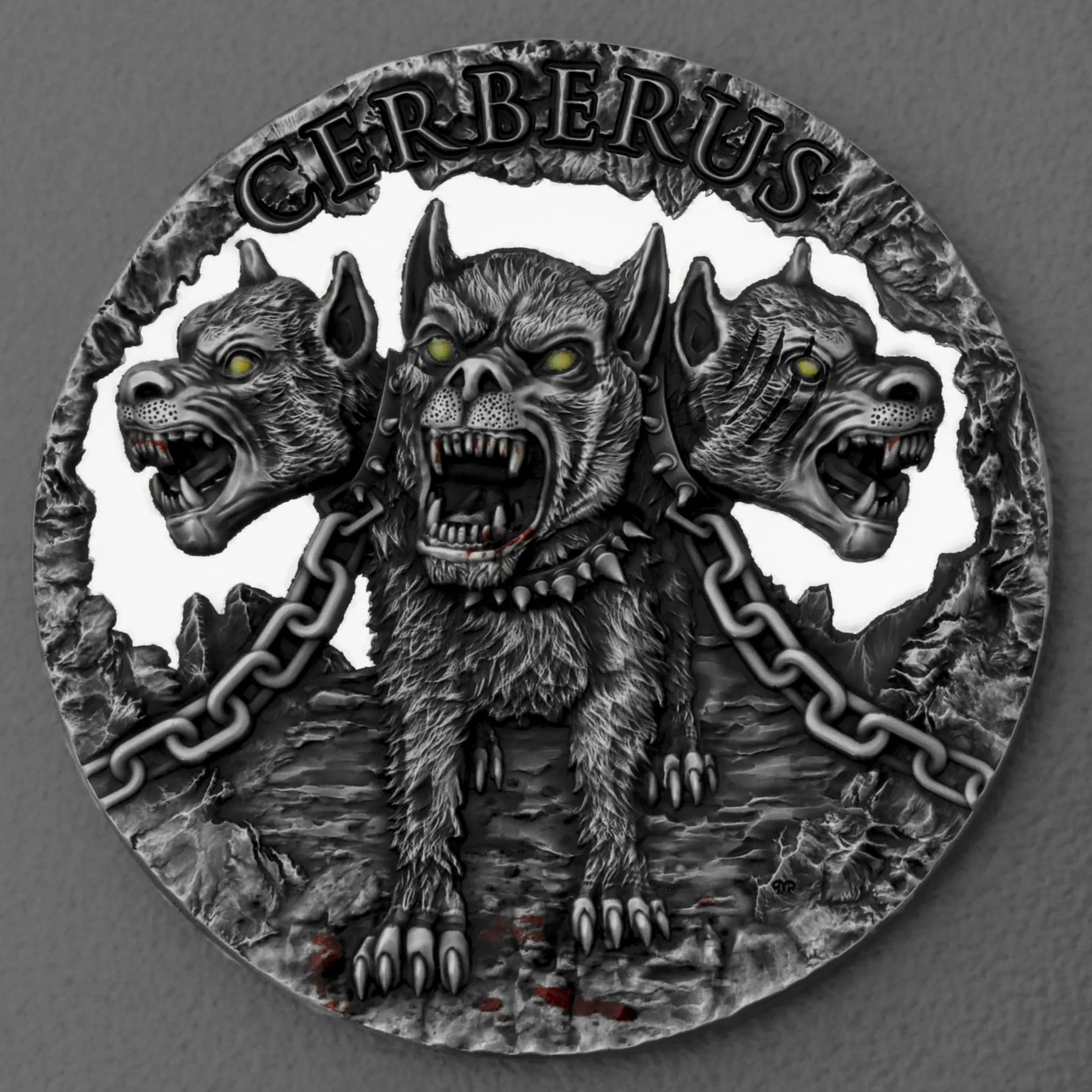 Silbermünze 2oz Cerberus 2021 (UHR/AF/koloriert) Mythical Creatures (Kamerun)