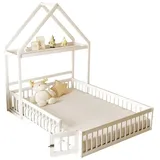 OKWISH Kinderbett Holzbett mit Stauraum, Vollschutzgitter und Türen und Lattenrost (mit Stauraum und Kiefernholzrahmen, Ideal für Spielplatz und Schlafbereich – Inklusive Lattenrost und Sicherheitstür, 140 x 200 cm), ohne Matratze weiß