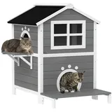 PawHut Katzenhaus aus Holz Katzenhöhle mit Fenster, Balkon, für Indoor, Outdoor, Grau