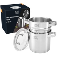 Moritz & Moritz Topf mit Siebeinsatz Induktion aus Edelstahl 20cm - Für alle Herdarten geeignet - Skala bis 5L - Integriertes Sieb im Deckel - Induktions Topf zum Kochen, Dämpfen, Frittieren und Garen