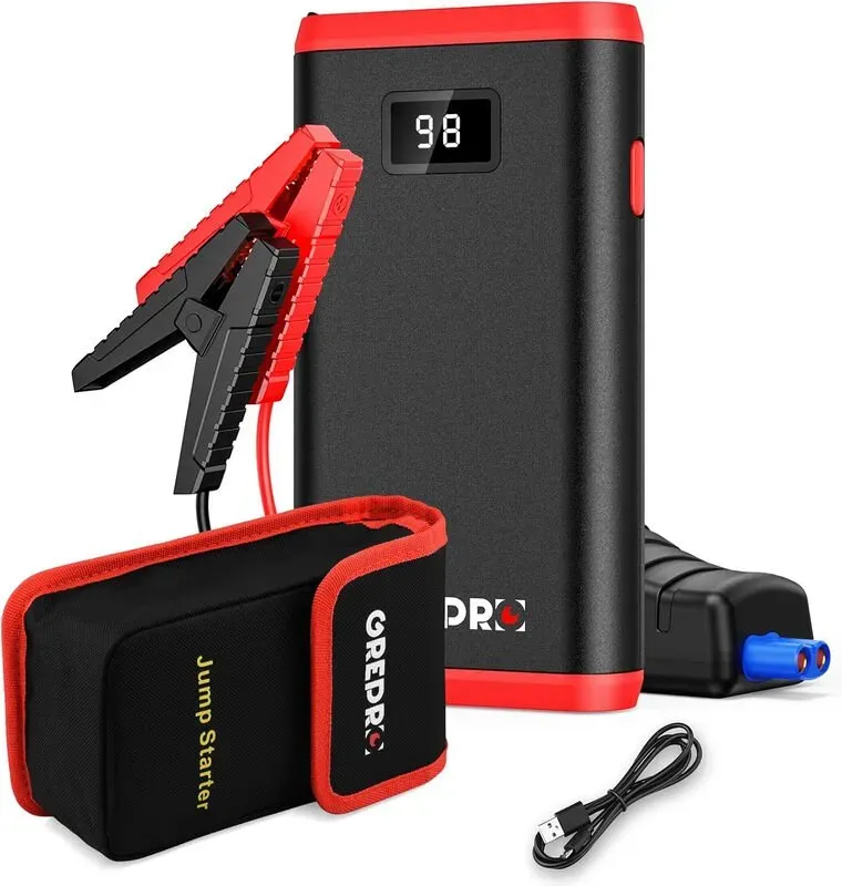 GREPRO Auto Starthilfe, 12V Jump Starter, Tragbare Auto Starthilfe mit LCD-Bildschirm und LED-Taschenlampe für bis zu 4,5L Benzin, 2,5L Diesel