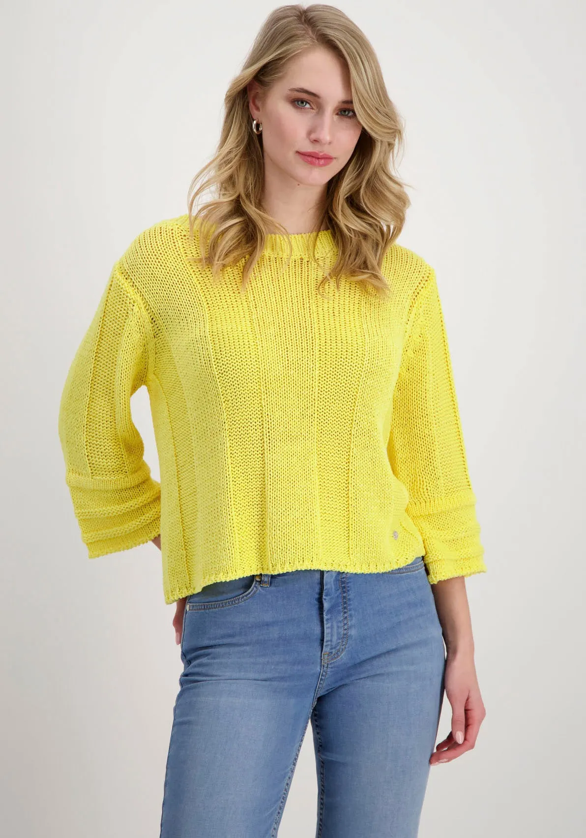 3/4 Arm-Pullover MONARI Gr. 42, gelb Damen Pullover Rundhalspullover mit Strukturstrick