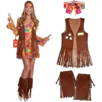 Morph Hippie Kostüm Damen, 70er Jahre Outfit Damen, 70er Jahre Bekleidung, Hippie Kleid, Halloween Kostüm Frauen, Karneval Kostum Frauen, Fasching, XL - XL
