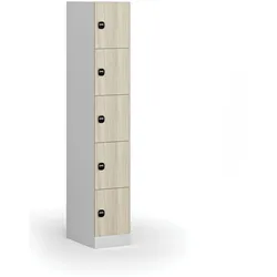 Schließfachschrank, 5 Fächer, 1850 x 300 x 500 mm, RFID-Schloss, laminierte Tür, Eiche natur