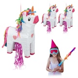 relaxdays Papierdekoration 3 x Pinata Einhorn orange|weiß