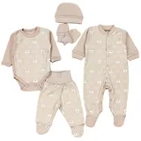 TupTam Baby Kleidung Set Jungen Langarm Bekleidung Body Neugeborene Füßlingen Hose Body Strampler Mütze 5 tlg, Farbe: Bärchen CC/Beige, Größe: 56 - 56