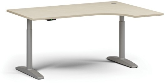Höhenverstellbarer Schreibtisch OBOL, elektrisch, 675-1325 mm, Ecke rechts, Tischplatte 1600x1200 mm, graues abgerundetes Untergestell, Birke