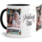 Tasse - Lieblings-Oma - zum selbst Gestalten mit zwei Fotos - personalisierbare Fototasse für Oma aus Keramik, Innen & Henkel Schwarz, 300 ml