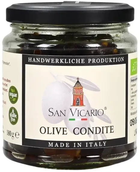 San Vicario Oliven schwarz Condite mit Knoblauch & Peperoncini bio