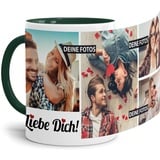 Tassendruck Fototasse mit Spruch - Ich Liebe Dich - zum Selbst gestalten personalisiert mit 4 Fotos, Innen & Henkel Dunkelgrün, 300 ml