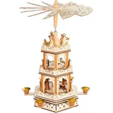 Brubaker Weihnachtspyramide - 3-stöckige drehbare Holzpyramide - Weihnachtsdekoration mit 3 Etagen und Sternen Flügel aus Holz - 45 cm Höhe - handbemalte Figuren Weihnachten - Natur Braun