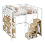 BlingBin Metallbett Multifunktionales Hochbett, Kinderbett Einzelbett Stauraumbett (Bettgestell mit Stauraum, Ablageflächen und Treppe, 1-tlg., 140*200 cm, Ohne Matratze, Belastbarkeit maximal: 114kg), Jugendbett aus Metall, Sperrholz & MDF für Schlafzimmer, Weiß weiß 193 cm x 204 cm x 170 cm