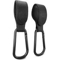 Baby Uma Kinderwagenhaken aus veganem Leder (2er-Pack) - Universelle Kinderwagen Haken für Taschen, Rutschfeste Klettverschlüsse, Stabile Karabinerhaken mit 5 kg Tragkraft (Schwarz)