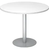 bümö Besprechungstisch, Esstisch klein, Tisch rund 100 cm - Kleiner Esstisch weiß, Rundtisch Esstisch 2 Personen mit Holz-Platte, Säule aus Metall in Silber, Konferenztisch, Bistrotisch