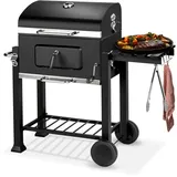 tectake® Holzkohlegrill mit Thermometer, Smoker mit Deckel, klappbare Seitenablage mit Haken, Holzkohle Grill mit höhenverstellbarer Holzkohlewanne, fahrbarer Grillwagen, BBQ-Grill mit Ascheschublade