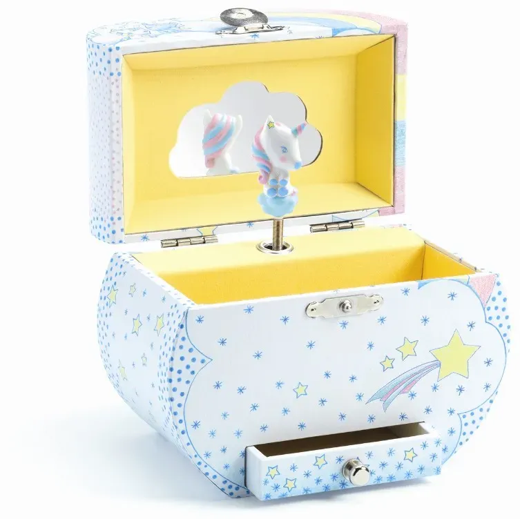 Djeco Schmuckkästchen mit Musik Einhorn für Kinder 14,7x14,2x8,2 cm Weiß/Rosa/Lila - lackiertes Holz, Spiegel, Melodie