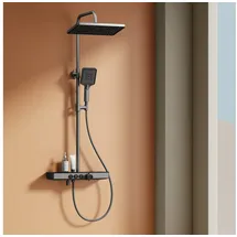EMKE Duschsystem mit Thermostat Handbrause + Regendusche(3 Strahlstärken) + Unterer Auslass