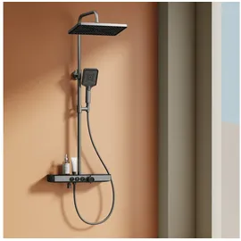 EMKE Duschsystem mit Thermostat Handbrause + Regendusche(3 Strahlstärken) + Unterer Auslass
