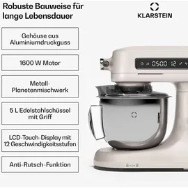 Klarstein Chiara Küchenmaschine – 5L Edelstahlschüssel, 12 Geschwindigkeiten, LCD-Touch-Display, Leise ≤72 dB, Spülmaschinenfestes Patisserie-Set, Aluminium-Druckgussgehäuse, Sand