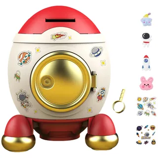 GmeDhc Sparschwein Groß, Sparschwein Rakete Astronaut, Spardose Kinder Mädchen Junge, Spardose Groß Personalisiert, Sparbüchse mit Cartoon-Aufkleber und Schlüssel Entsperren